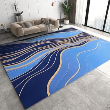 Imagem de Tapete Moderno Gradiente Azul Marinho, Pintura A Óleo Vintage Folha De Ouro Tapete Infantil Antiderrapante, Lavável à Máquina Tapete Respirável Para, Geometric Stripes, 120 x 170cm