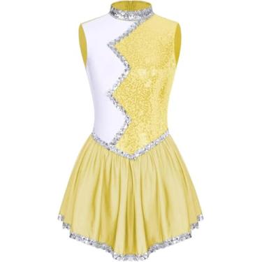 Imagem de Traje De Dança Feminino Patinação Artística No Gelo Traje De Ballet Dança Collant Vestido Brilhante Lantejoulas Bloco De Cor Dancewear Sem Mangas Macacão De Ginástica, Yellow, S