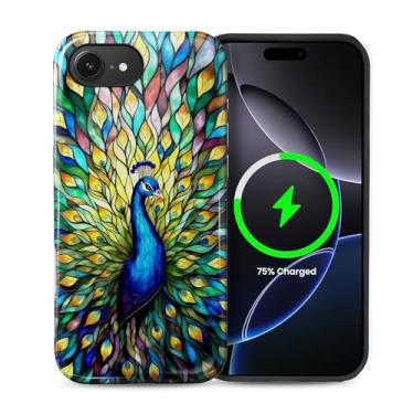 Imagem de casesok Capa para iPhone 16e, compatível com MagSafe, capa rígida de camada dupla + capa de silicone, proteção total à prova de choque para iPhone 16e vitral pavão vibrante