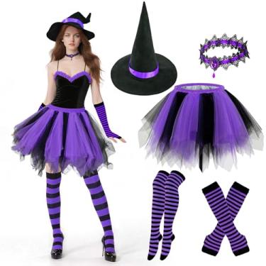 Imagem de Vegove 5 peças de fantasia de bruxa de Halloween, roupa feminina de abóbora - chapéu perverso gargantilha tutu saia e luvas listradas meias, Roxa, One Size