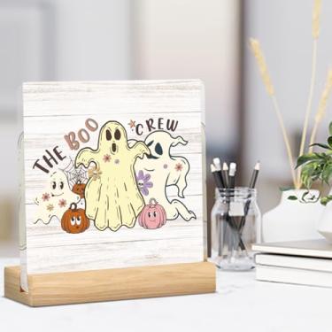 Imagem de Linda decoração de fantasma de Halloween, presentes de Halloween para mulheres e homens, The Boo Crew Halloween fantasma abóbora decoração de mesa placa para casa de fazenda, escritório, sala de estar