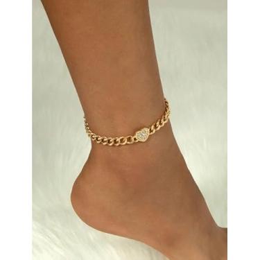 Imagem de Tornozeleiras de elos em forma de coração para mulheres banhada a ouro corrente cubana strass tornozeleiras BOHO delicadas simples modernas joias para pés verão férias estilo moda oceano praia