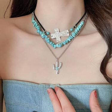 Imagem de Colar com pingente de cruz boho turquesa ocidental para mulheres, correntes metálicas em camadas, gargantilha, conjunto de colar de joias empilhadas, coleção de presente