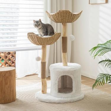 Imagem de Árvore moderna para gatos internos, grande, adulto, 117 cm de altura, torre de madeira para gatos grandes com poste para arranhar, condomínio luxuoso para gatos, branco.