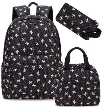 Imagem de LEDAOU Mochila para crianças, meninos, meninas, mochilas escolares, conjunto de mochilas escolares com lancheira e estojo de lápis (laço rosa - preto)