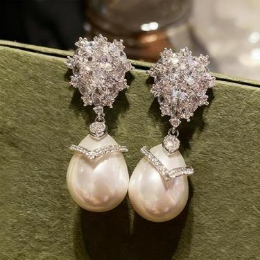 Imagem de Brincos de flor de zircônia brilhante de luxo elegantes imitação de pérola para mulheres, joias de banquete de casamento, presente, One Size, Cobre, Pérola