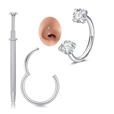 Imagem de MODRSA Anel de nariz de ferradura prata 20 g argola de nariz de sapato de cavalo para mulheres aço cirúrgico clicker articulada cartilagem tragus brinco argolas hélice piercing joia dupla pedra