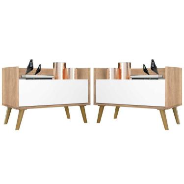 Imagem de Kit Com 2 Mesas De Cabeceira 80Cm Retrô Multimóveis V4002 Rustic/Branca/Natural