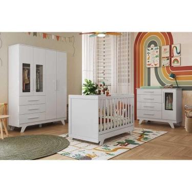 Imagem de Quarto Infantil Completo Retrô 3 Peças (1guardaroupa+1berço+1cômoda) Qi112 Branco - Peroba
