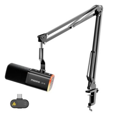 Imagem de MAONO Microfone de jogos sem fio PD100WS para PC, microfone USB de transmissão dinâmica com cancelamento de ruído de 3 níveis, RGB, botão mudo, equalizador de software, microfone boom de computador