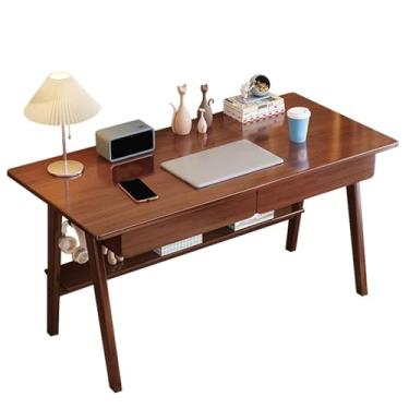 Imagem de Mesa de computador, mesa de estudo de madeira maciça com 2 gavetas grandes, 2 ganchos laterais, suporte de armazenamento, mesa de laptop de madeira, mesa de trabalho, mesa de escritório em casa para