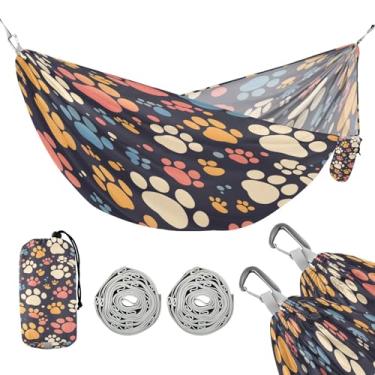 Imagem de JUZIHAI Rede de acampamento colorida de pata de gato, rede única leve portátil com alças de árvore e mosquetões de alumínio, rede de viagem de 289 x 137 cm para caminhadas, mochilão na praia