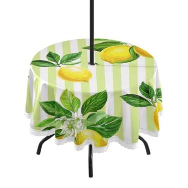 Imagem de Qilmy Toalha de mesa redonda à prova d'água Lemon de 152 cm com orifício para guarda-chuva e zíper – uso externo / interno resistente para pátio, churrascos, piqueniques, festas (serve para mesas