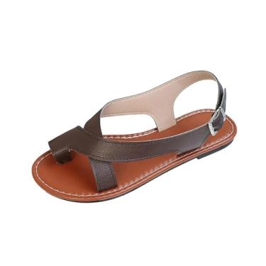 Imagem de Sandália feminina com fivela de bico redondo e rasteira, calçado casual de verão para mulheres, design confortável para atividades ao ar livre, Marrom, 34