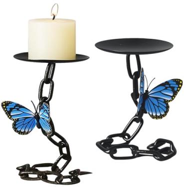 Imagem de (Pacote com 2) Suporte de vela de pilar de ferro preto fosco, com 1 borboleta magnética, decoração vintage, castiçais para decoração de sala de estar, decoração de mesa sem velas