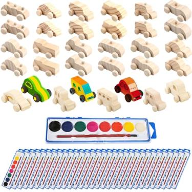 Imagem de Feradny 64 peças de carros de madeira inacabados incluem 32 brinquedos de madeira DIY para carro, pintura de artesanato de carro de madeira com 32 tintas em aquarela para crianças, atividades