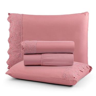 Imagem de Jogo De Lençol Nobre Queen 4 Peças Micropercal 200 Fios Bordado Inglês Fino - Rosa Antigo - 100% Poliéster
