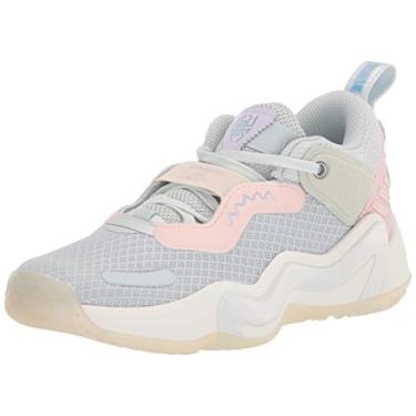 Imagem de adidas Tênis de basquete unissex Donovan Mitchell Issue 3, Matiz Azul/Matiz Ecru/Rosa Transparente, 18