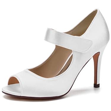 Imagem de Sapatos de noiva de cetim feminino, sapatos peep toe de salto agulha alto marfim 35-43,White,4 UK/37 EU