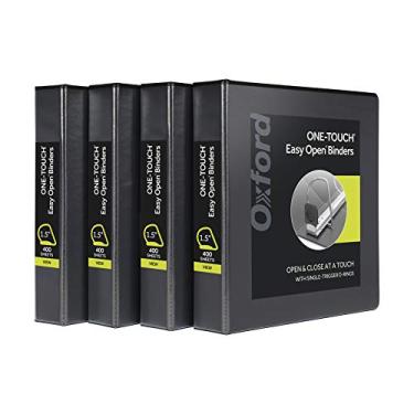 Imagem de Oxford Fichários de 3 anéis, anéis D fáceis de abrir com um toque de 3,8 cm, capas de fichário em 3 lados, dobradiça durável, antiaderente, sem PVC, preto, pacote com 4 (79905)