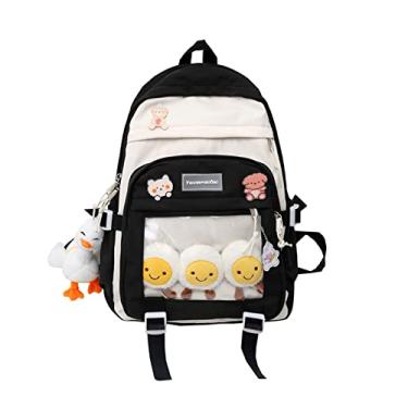 Imagem de Ankexin Mochila escolar de capacidade de nylon para laptop, mochila escolar com meninas, acessórios de pino fofo, pingente de pelúcia, Preto, Size reference picture