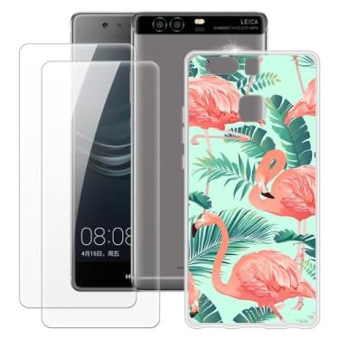 Imagem de MILEGOO Capa para Huawei P9 + 2 peças protetoras de tela de vidro temperado, à prova de choque, capa de TPU de silicone macio para Huawei P9 (13.2 cm) Flamingo