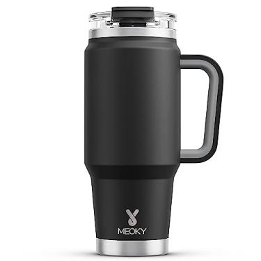 Imagem de Meoky Copo de 940 ml com alça, copo isolado com tampa e canudo, caneca de viagem de aço inoxidável, mantém frio por 24 horas, 100% à prova de vazamento, cabe no suporte de copo de carro (noite)