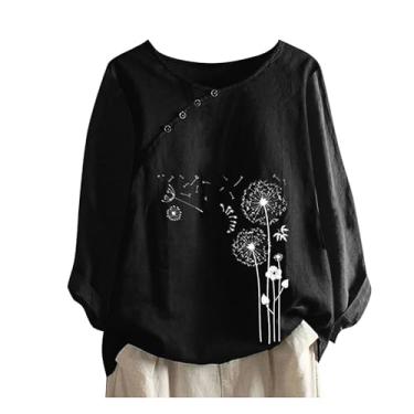 Imagem de Howstar Camiseta feminina de verão, casual, floral, algodão, linho, bordada, manga curta, gola redonda, camisetas estampadas grandes, A4 - preto, M