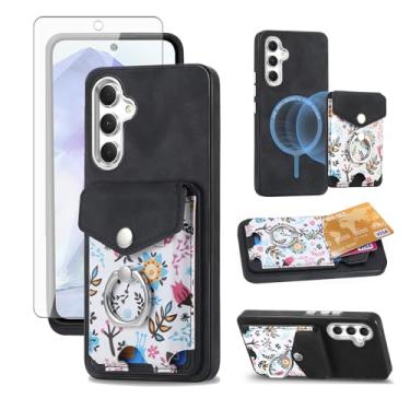 Imagem de Asuwish Capa de celular para Samsung Galaxy A55 5G carteira celular com protetor de tela anel fino magnético suporte suporte traseiro porta-cartão de crédito flor móvel A 55 55A A555G meninas mulheres