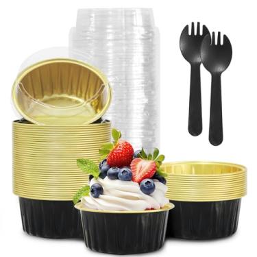 Imagem de Mini cupcake de folha de alumínio para festa de formatura, 50 peças, copos de 142 g com tampas, mini formas de bolo descartáveis, formas de pão com tampas, ramequins descartáveis, recipientes de lata