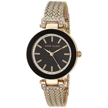 Imagem de Anne Klein Relógio feminino de malha com detalhes em cristal premium, Dourado/preto, Movimento de quartzo