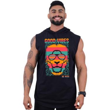 Imagem de Regata Longline com Touca Masculina MXD Conceito Leão Good Vibes, Pret
