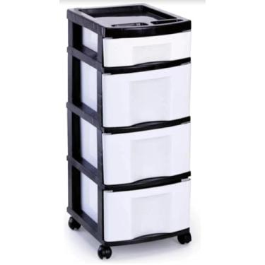 Imagem de Gaveteiro organizador branco com 4 gavetas rodinhas e a estrutura preta resistente multifuncional