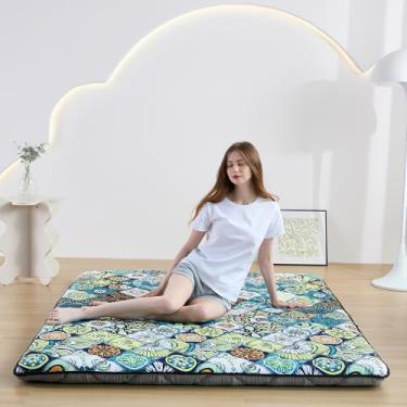 Imagem de Zelladorra Colchão de chão japonês, solteiro, antiderrapante, futon japonês, dobrável, tatami para convidados, boho verde quadriculado