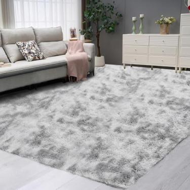 Imagem de POEMLAND Tapetes de área 9 × 12 macios para sala de estar, tapete felpudo fofo para quarto de dormir, tie-dye branco-cinza, antiderrapante, para uso interno, para quarto de crianças, meninos, meninas