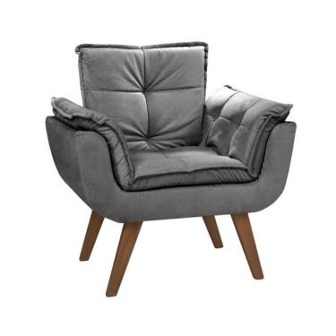 Imagem de Poltrona Cinza Suede Opala Decorativa com Pés de Madeira
