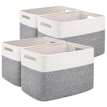Imagem de OIAHOMY Pacote Com 4 Cestos De Armazenamento Para Organização, Cesto Prateleiras Alça, Tecido Guardar Brinquedos, Toalhas, Livros, Corda Algodão 33 Cm C X 23 L 19 A, Cinza E Branco
