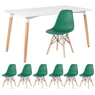 Imagem de Kit - Mesa Retangular Eames 80 X 140 Cm Branco + 6 Cadeiras Dsw Verde Escuro Mesa Branco Com Cadeiras Verde Escuro