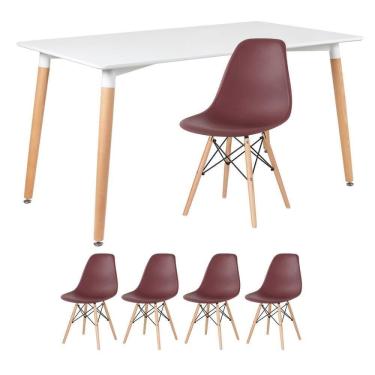 Imagem de Kit - Mesa Retangular Eames 80 X 140 Cm + 4 Cadeiras Dsw Mesa Branco Com Cadeiras Marrom Mesa Branco Com Cadeiras Marrom