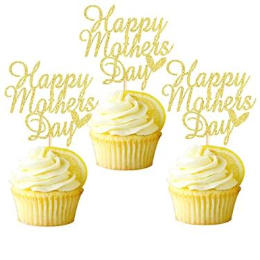 Imagem de Arthsdite 24 peças de enfeites de cupcake Happy Mothers Day para mãe e cupcake, palitos de amor para mãe, decoração de bolo, suprimentos de festa para dia das mães, suprimentos de festa - glitter dourado