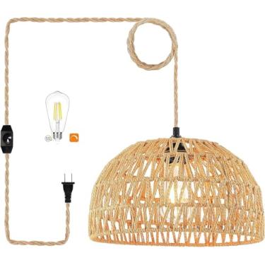 Imagem de Luz Pendente Boho Plug In, Luz Suspensa Com Cabo Plug In, Abajur De Macramê Pendurado, Interruptor Regulável, Prateleira De Plantas Suspensas De 3 Camadas Decoração Boêmi, White