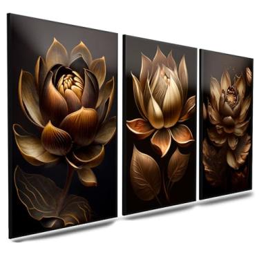 Imagem de Quadros Decorativos Flor Tulipa Dourada e Branca 3 Peças Mosaico Sala Quarto Escritório (10, Tamanho 50x30 Centímetros)