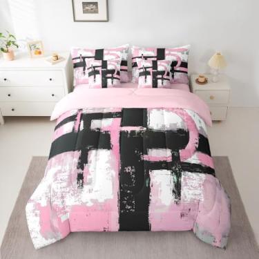 Imagem de Feelyou Conjunto de edredom abstrato com 7 peças, preto e rosa, arte abstrata, tamanho Queen, para crianças, meninos, meninas, moderno, geométrico, microfibra macia
