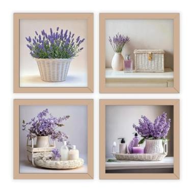 Imagem de Kit 4 Quadros 24x24 cm banheiro, lavabo, flores lilás, vidro (Carvalho)