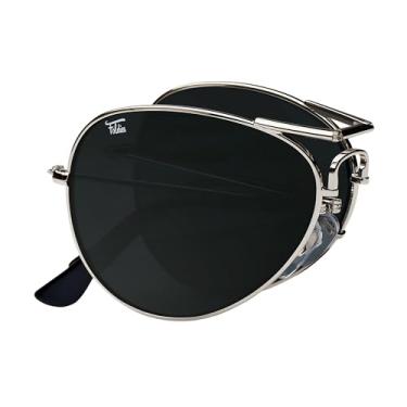 Imagem de Foldies Óculos de sol dobráveis polarizados – Revestimento de lente resistente a arranhões – Armação dobrável – Estojo de couro premium – Aviadores, Prata - Preto, Medium