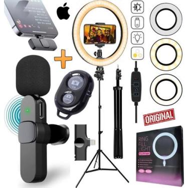 Imagem de Kit Youtuber Tripé Microfone Lapela Sem Fio iOS + Luz Led Iluminador R