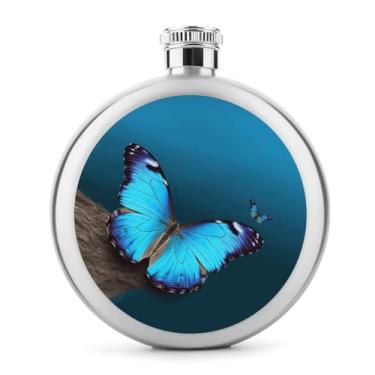 Imagem de Cantil de aço inoxidável, lindo balão de bolso com estampa de borboleta azul, garrafa de anca, garrafa de viagem, portátil, garrafa de licor portátil
