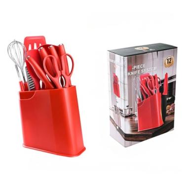 Imagem de Henlutuo Conjunto de utensílios de cozinha de silicone de 12 peças com facas de aço inoxidável – espátula resistente ao calor, colher, descascador, utensílios de cozinha que não arranham para assar