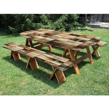 Imagem de VBTGVE Toalha de mesa marrom ajustada, conjunto de 3 peças, cubos inspirados em patchwork em blocos de conceito boêmio, para uso ao ar livre, parque, terraço, 183 cm C x 71 cm L cinza-escuro quente