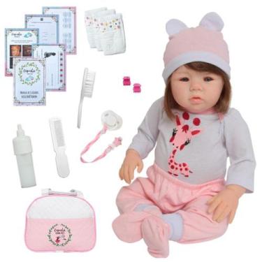 Imagem de Bebê Cabelo Castanho Realista com kit Girafinha 100% Vinil - Cegonha R